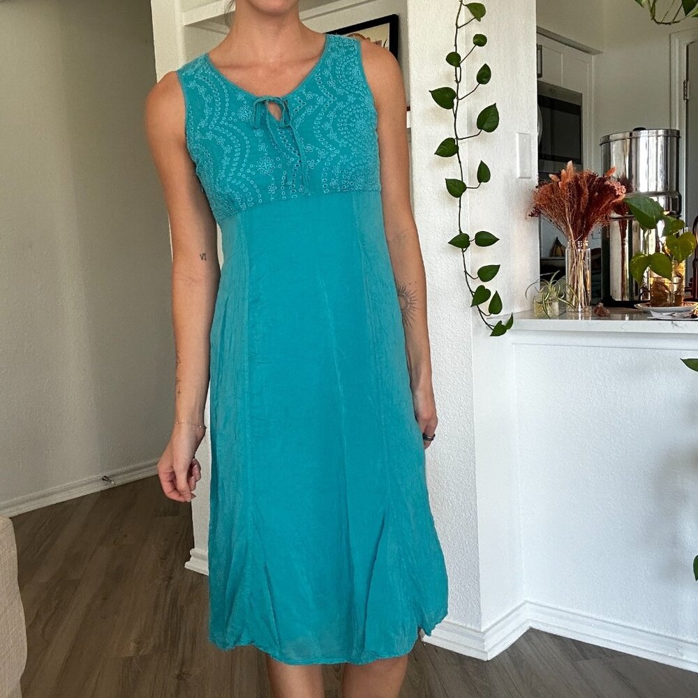 Johnny Was Boho Midi Eyelet Embroidered Sleeveless Teal Aqua Midi Dress Size 6
